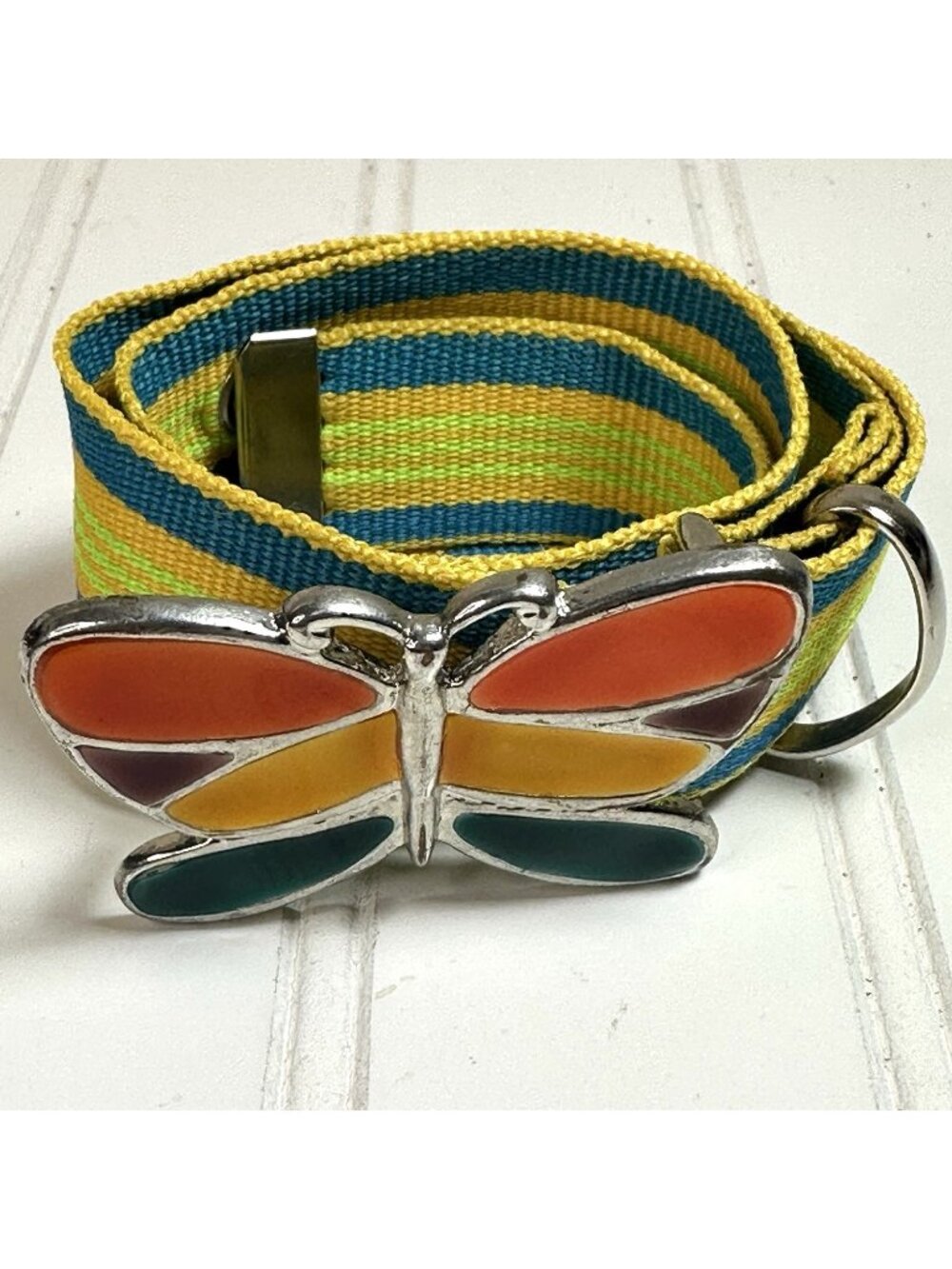 Vintage Belt XS Butterfly Enamel Buckle Yellow Teal Size 23” to 25” Retro Boho